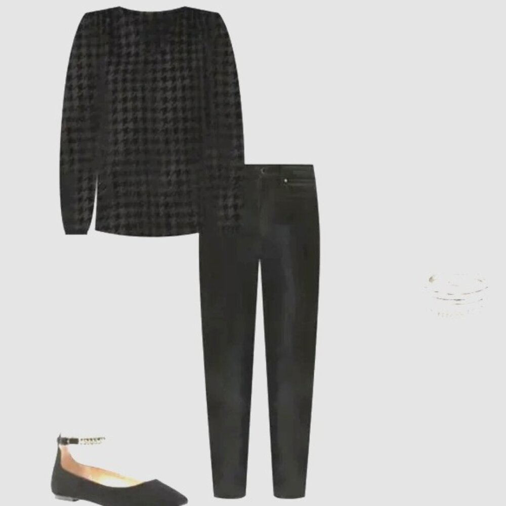 Ann taylor Houndtooth Blouse Black XL sheer Sleeve - Picture 3 of 10